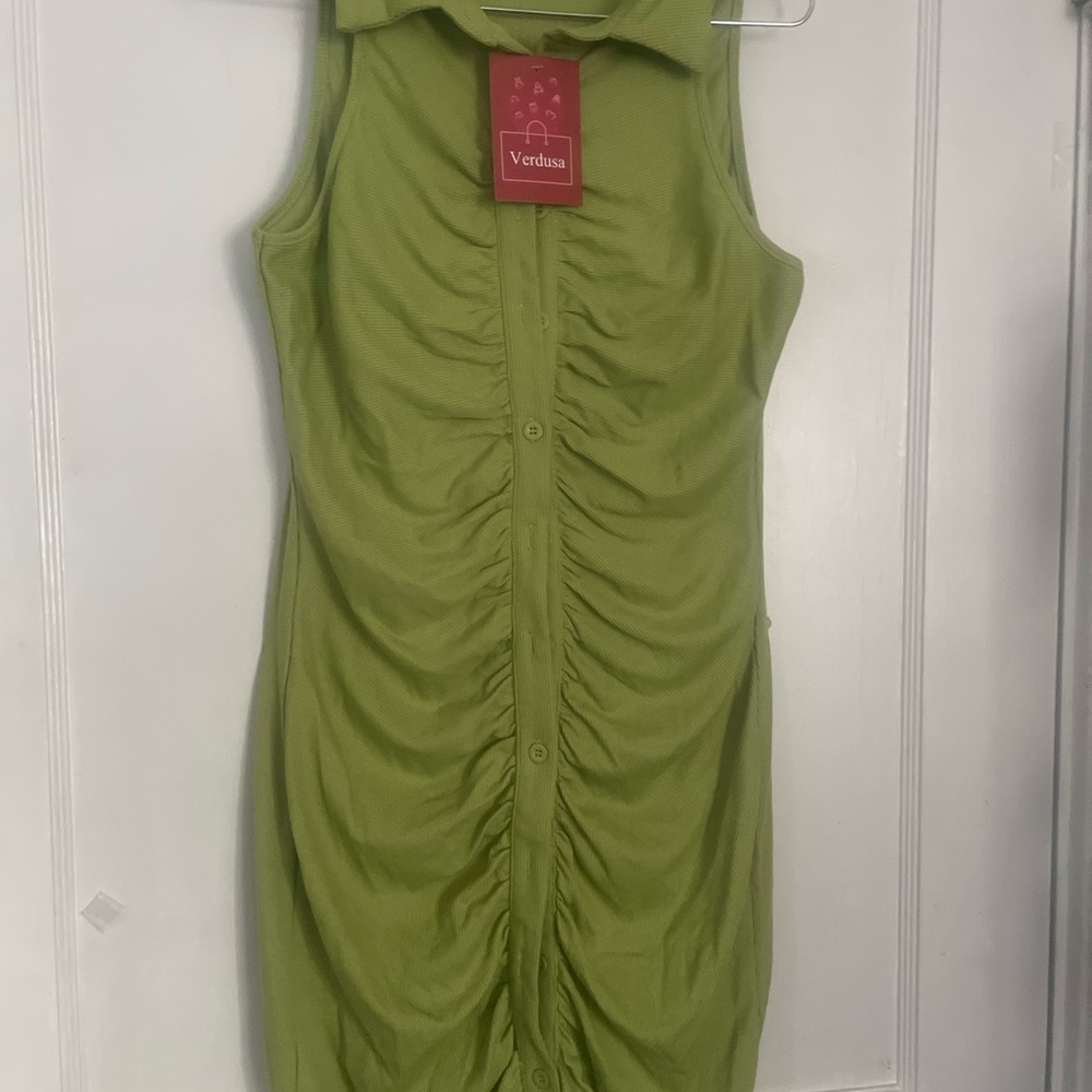 VERDUSA Women Button front Collar Short Sleeve Bodycon, size Medium, Olive Green